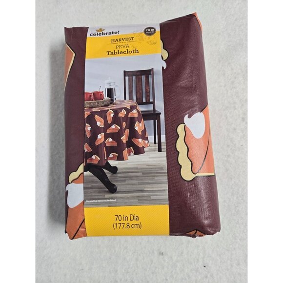 Celebrate Harvest PEVA Tablecloth 70 Inch Diameter Pumpkin Pie Print Round Table - Picture 2 of 6